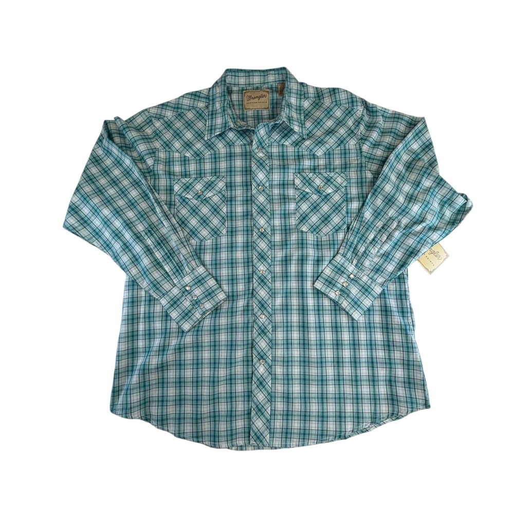 Wrangler Western Shirt Mens XL Teal White Plaid Pearl Snap Long Sleeve 7BAVP26